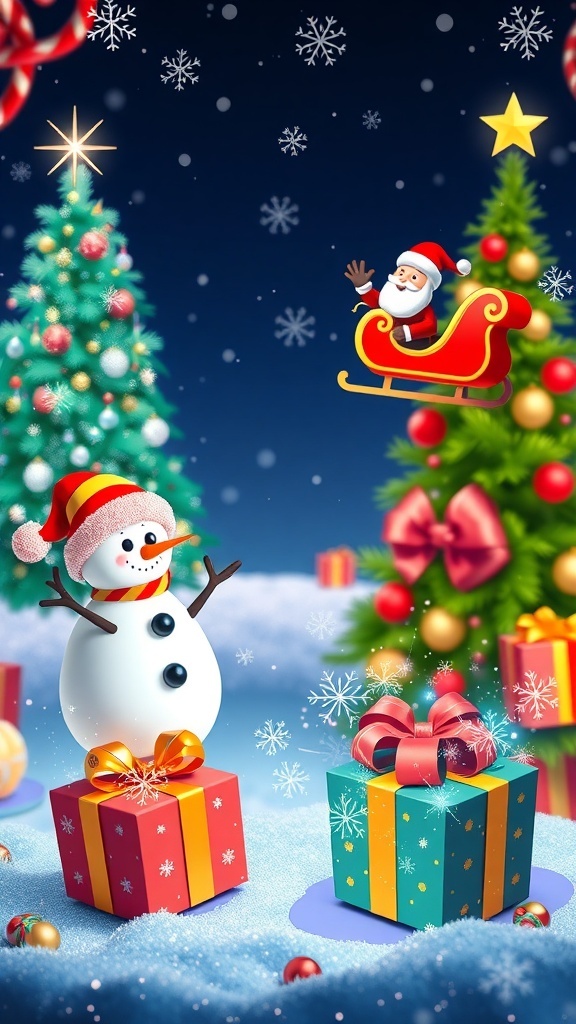 A collage of Merry Christmas GIF animations featuring a Christmas tree, snowman, Santa Claus, and gifts.
